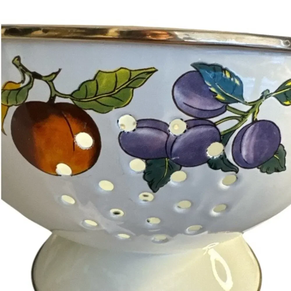 Vintage Porcelain Enamel Lined Fruit Print Colander by Tabletops Unlimited